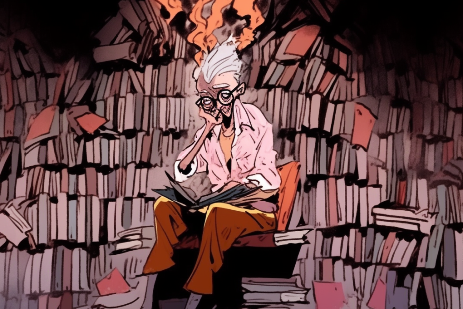Illustration/ rough sketch o a person with short white hair reading in front of a huge bookshelf - created with Midjourney (style prompt: Ralpg Streadman)