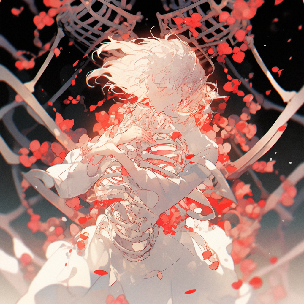 A skeleton merging and dancing with a person dressed in white - created with Midjourney