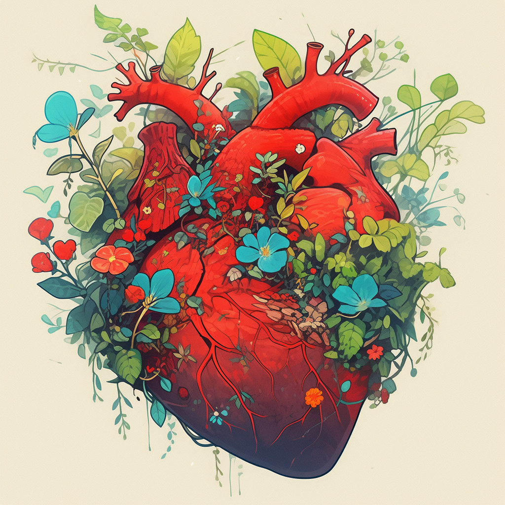 A human heart from which and on which plants and flowers are growing - illustration created with Midjourney