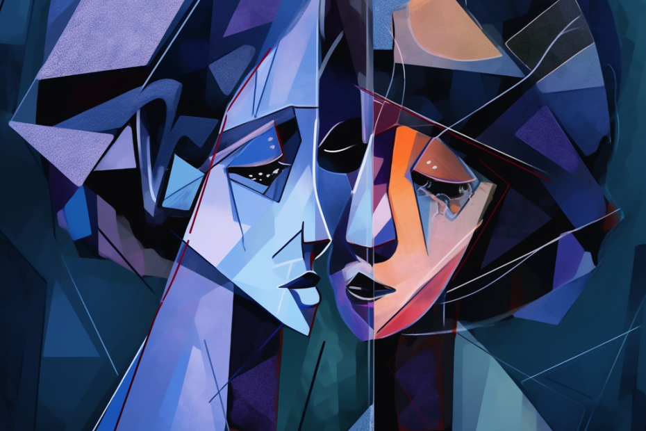 Midjourney AI generated picture. Prompt "style: cubism, picasso, blue period, portrait of an annoyed person looking in the mirror and the reflection is the same person as a sad child looking back" V3