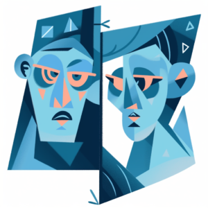 Midjourney AI generated picture. Prompt "style: cubism, picasso, blue period, portrait of an annoyed person looking in the mirror and the reflection is the same person as a sad child looking back" V5