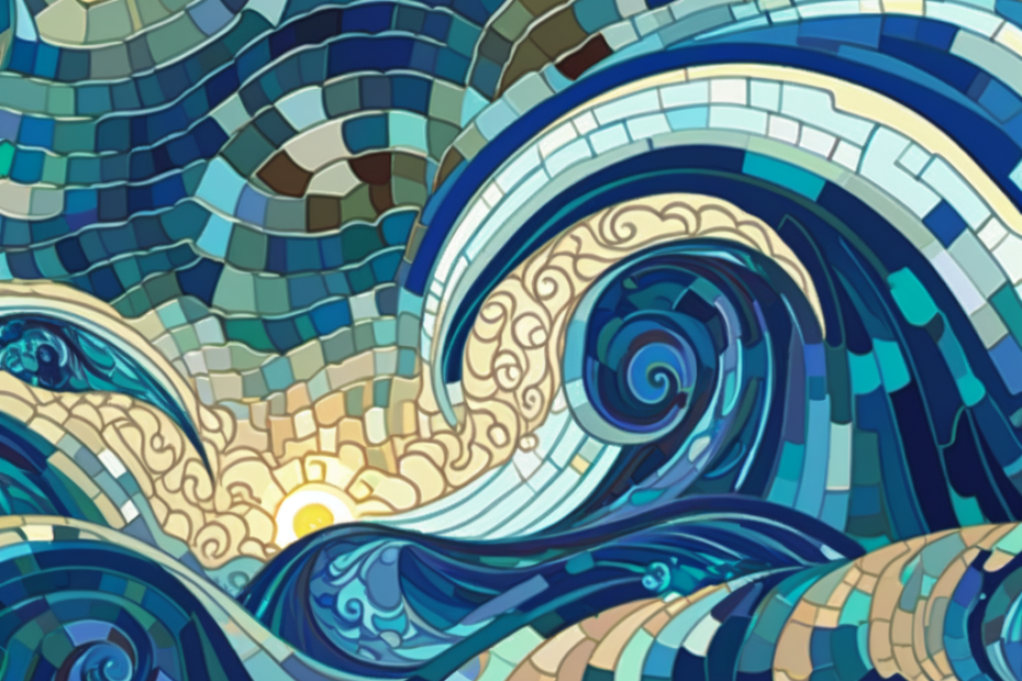 big waves and turbulent sky illustration - mosaic style