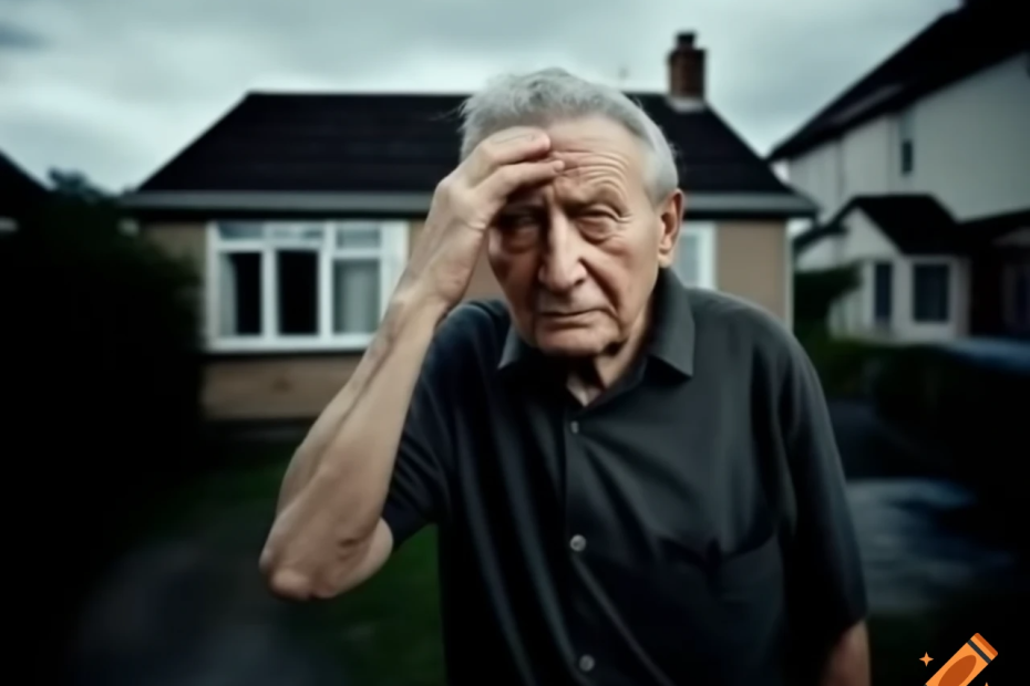 white haired old man standing in the driveway of a small house scratching his head